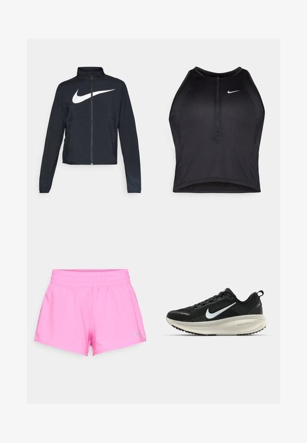 Casaco desportivo preto com fecho éclair completo, gola alta, mangas longas e grande logótipo branco da Nike na parte frontal.; Top cropped atlético preto com fecho à frente, acentos em malha e um design ajustado. Feito de tecido elástico e respirável. Logótipo da Nike na frente.; Calções atléticos cor-de-rosa brilhante com cintura elástica e pequeno logotipo cinza da Nike na bainha inferior esquerda em fundo branco.; Sapatilha de corrida Nike preta com parte superior de malha respirável, logotipo Swoosh branco, detalhes texturizados e uma entressola ZoomX na cor creme.