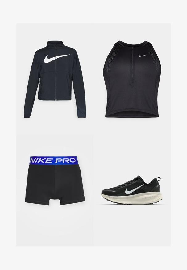 Jachetă sport neagră cu fermoar pe toată lungimea, guler înalt, mâneci lungi și un logo mare alb Nike swoosh pe piept.; Top sportiv black, cu croială scurtă, cu fermoar în față, accente din plasă și un design ajustat. Fabricat dintr-un material elastic și respirabil. Logo-ul Nike pe față.; Șorturi atletice negre cu un brâu elastic albastru lat, inscripționat cu "NIKE PRO" în alb. Material neted, design ajustat, lungime deasupra genunchiului.; Pantofii de alergare negri de la Nike, cu parte superioară din plasă respirabilă, logo-ul alb Swoosh, detalii texturate și o talpă intermediară ZoomX de culoare crem.