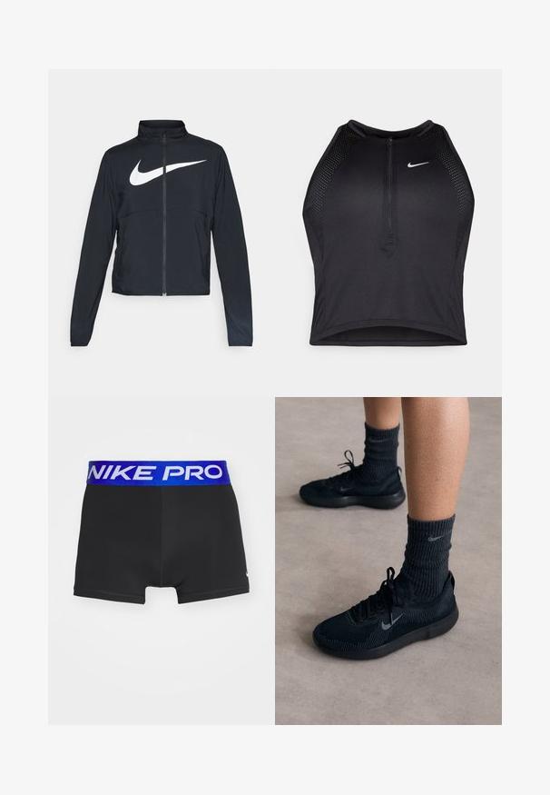 Čierna športová bunda na zips s vysokým golierom, dlhými rukávmi a veľkým bielym logom Nike na hrudi.; Čierny športový crop top so zipsom vpredu, sieťovými prvkami a priliehavým strihom. Vyrobený z pružného, priedušného materiálu. Logo Nike na prednej strane.; Čierne športové šortky s širokým modrým elastickým pásom, na ktorom je bielo napísané "NIKE PRO". Hladká tkanina, priliehavý strih, dĺžka nad kolená.; Čierne tenisky Nike s textúrovaným pleteným zvrškom, s šedým logom Swoosh, kombinované s tmavými rebrovanými ponožkami. Plná gumová podrážka.