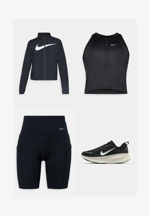Veste de sport noire zippée sur toute la longueur avec un col haut, des manches longues et un grand logo Nike swoosh blanc sur la poitrine.; Crop top sportif noir avec fermeture éclair à l'avant, accents en mesh et design ajusté. Fabriqué en tissu extensible et respirant. Logo Nike à l'avant.; Shorts de sport noirs taille haute en matériau extensible ; dotés de poches latérales et d'un petit logo Nike sur la ceinture.; Baskets de course noir Nike avec tige respirante en mesh, logo swoosh blanc, détails texturés et semelle intermédiaire ZoomX de couleur crème.
