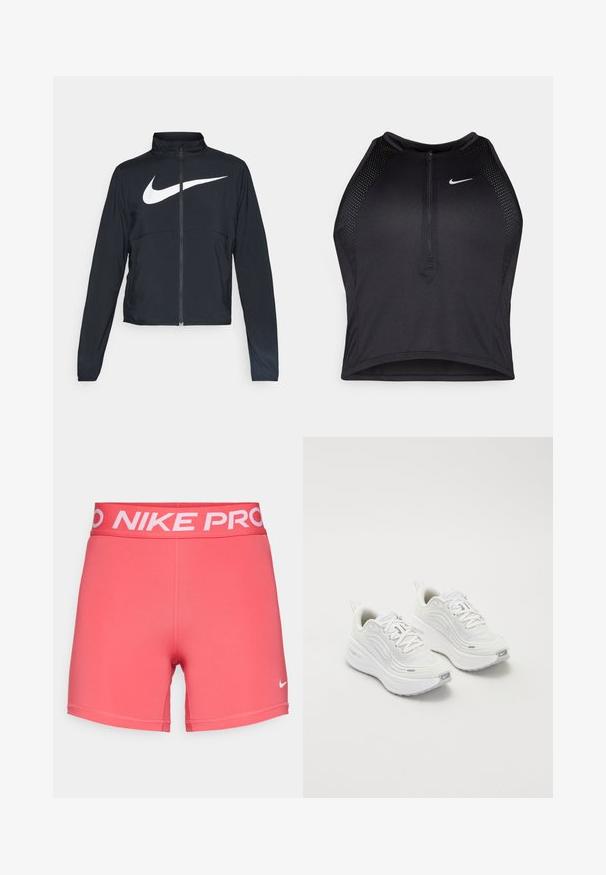 Musta urheilutakki, jossa on täysivetoketju, korkea kaulus, pitkät hihat ja suuri valkoinen Nike-tikkauksella rintaosa.; Musta urheilullinen crop-top, jossa on vetoketjukiinnitys, verkkokankaiset yksityiskohdat ja istuva malli. Valmistettu joustavasta ja hengittävästä kankaasta. Nike-logo edessä.; Nike Performance SHORT - Trikoot - aster pink/white; Valkoiset urheilukengät, joissa on teksturoitu verkkoma upper, pehmustettu pohja ja hillityt harmaat yksityiskohdat. Mukana brändäys ja silmukkamuotoinen kantapäänvetotappi helppoa pukeutumista varten.