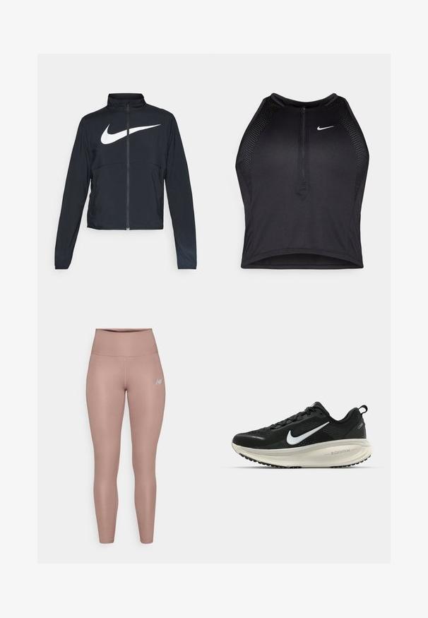 Black full-zip sports jacket with high collar, long sleeves, and large white Nike swoosh logo across the chest.; Black athletic crop top with a zip-front, mesh accents, and a fitted design. Made from stretchy, breathable fabric. Nike logo on front.; New Balance HARMONY HIGH RISE - Leggings - earth shadow; Black Nike running shoe with breathable mesh upper, white swoosh logo, textured detailing, and a cream-colored ZoomX midsole.