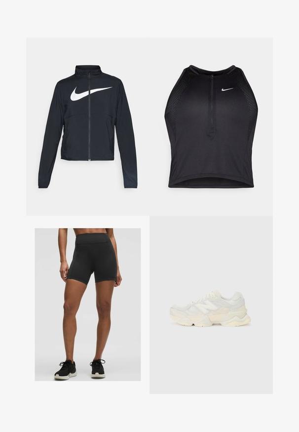 Must musta täispikk vary hoodie kõrge krae, pikad varrukad ja suur valge Nike swooshi logo rinnal.; Must negra spordiline crop top, millel on lukk ees, võrgukangast detailid ja vormiv disain. Valmistatud venivast ja hingavast kangast. Nike logo ees.; Kõrgema vöökohtaga mustad spordilühikesed püksid, mis on valmistatud venivast kangast, millel on sile tekstuur ja puhtad õmblused, ideaalne treenimiseks.; Kerge tenniseking, mille pealis on valmistatud võrgust ja seemisnahast pehmes kreemitoonis, koos paksu tallaga ja kolmemõõtmeliste aktsentidega.