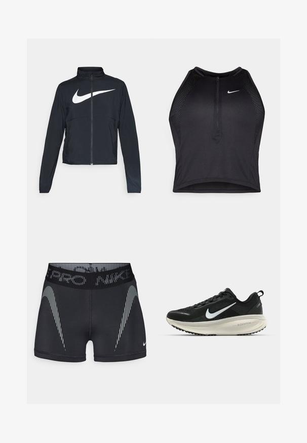 Črna športna jakna z polnim zadrgo, visokim ovratnikom, dolgimi rokavi in velikim belim logotipom Nike swoosh čez prsi.; Črn atletski kratki top z zadrgo spredaj, mrežastimi dodatki in prilegajočim dizajnom. Narejen iz raztegljivega, zračnega materiala. Logotip Nike spredaj.; Črne športne hlače iz tkanine, ki odvaja vlago, z širokim elastičnim pasom s logotipom in diagonalnimi črtami v sivi barvi.; Črne Nike tekaške čevlje z zračno mrežno zgornjim delom, belim logotipom Swoosh, teksturiranimi detajli in smetanasto barvnim srednjim delom ZoomX.