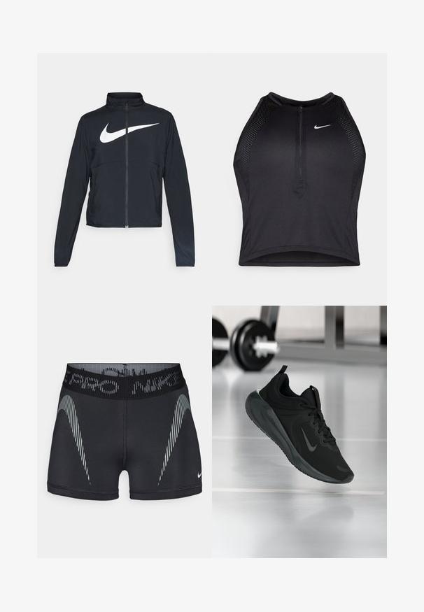 Jachetă sport neagră cu fermoar pe toată lungimea, guler înalt, mâneci lungi și un logo mare alb Nike swoosh pe piept.; Top sportiv black, cu croială scurtă, cu fermoar în față, accente din plasă și un design ajustat. Fabricat dintr-un material elastic și respirabil. Logo-ul Nike pe față.; Shorts de sport negri, confecționați dintr-un material care absoarbe umezeala, având o talie elastică lată cu un logo și un model de dungi diagonale în nuanțe de gri.; Tenisii sport negru cu logo-ul Nike, arătați în aer deasupra podelei de sală de sport, cu un suport pentru haltere neclar în fundal.