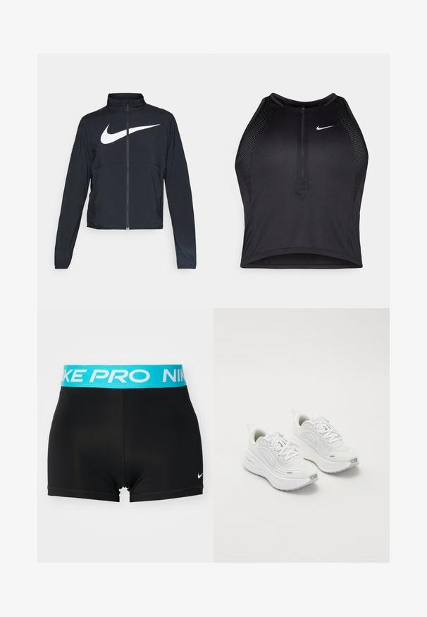 Melnā sporta jaka ar pilnu rāvējslēdzēju, augstu apkakli, garām piedurknēm un lielu baltu Nike swoosh logotipu krūšu daļā.; Melnā sportiskā augšdaļa ar rāvējslēdzēju priekšpusē, acs akcenti un pieguloša dizaina. Izgatavota no elastīga, elpojoša auduma. Nike logo priekšpusē.; Melnas sporta šortus ar gaiši zilā "NIKE PRO" logotipu uz elastīgās jostas. Iezīmē gludu audumu un pieguļošu dizainu.; Baltas sporta apavi ar teksturētu sieta augšdaļu, mīkstinātu zoli un smalkiem pelēkiem akcentiem. Iekļauj zīmolu un cilpu papēža cilpu vieglai uzvilkšanai.