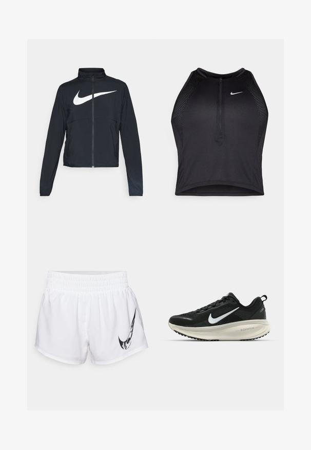 Chaqueta deportiva negra de cremallera completa con cuello alto, mangas largas y gran logo de Nike en blanco en el pecho.; Top corto deportivo negro con cremallera frontal, detalles de malla y un diseño ajustado. Fabricado con tejido elástico y transpirable. Logo de Nike en la parte frontal.; Nike Performance ONE - Pantalón corto de deporte - white/black; Zapatilla de running Nike negra con parte superior de malla transpirable, logo Swoosh blanco, detalles texturizados y una entresuela ZoomX de color crema.