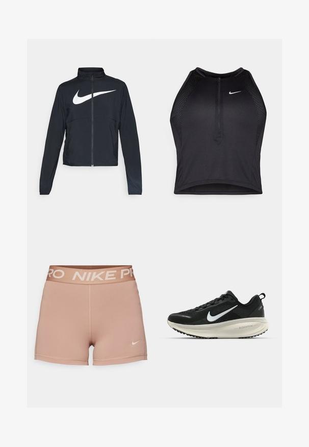Svart joggebund med hel glidelås, høy krage, lange ermer og stort hvitt Nike swoosh-logo over brystet.; Svart idretts crop top med glidelås foran, mesh-detaljer og en figurvennlig design. Laget av elastisk, pustende materiale. Nike-logo på forsiden.; Nike Pro shorts, lys beige, elastisk midje med "NIKE PRO" i beige, glatt teksturert stoff, tettsittende design, minimal sømdetalj.; Svart Nike løpesko med pustende mesh-overdel, hvit swoosh-logo, teksturert detaljer og en kremfarget ZoomX mellomsåle.