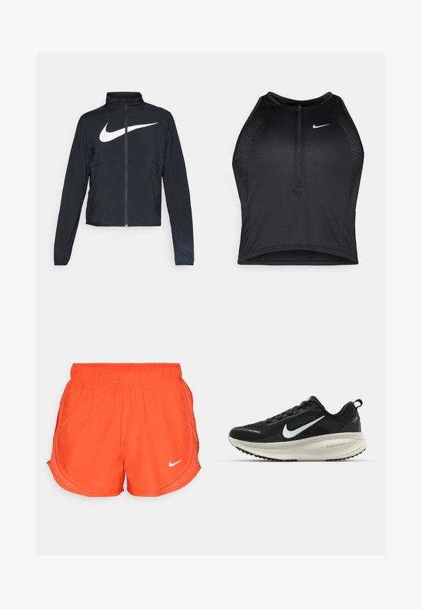 Juodas sportinis džemperis su visiškai užtraukiama užtrauktuku, aukšta apykakle, ilgomis rankovėmis ir dideliu baltu Nike swoosh logotipu per krūtinę.; Juodas sportinis trumpas viršus su užtrauktuku priekyje, tinklinėmis detalėmis ir prigludusia forma. Pagamintas iš tamprios, kvėpuojančios medžiagos. Nike logotipas priekyje.; Oranžinės sportinės šortai su elastinga juosta, šoniškomis skeltutėmis ir balta Nike logotipu priekyje. Pagaminti iš lygaus, lengvo audinio.; Juodas Nike sportinis batelis su kvėpuojančiu tinklu, baltu swoosh logotipu, tekstūruoto dizaino detalėmis ir grietinėlės spalvos ZoomX viduriu.