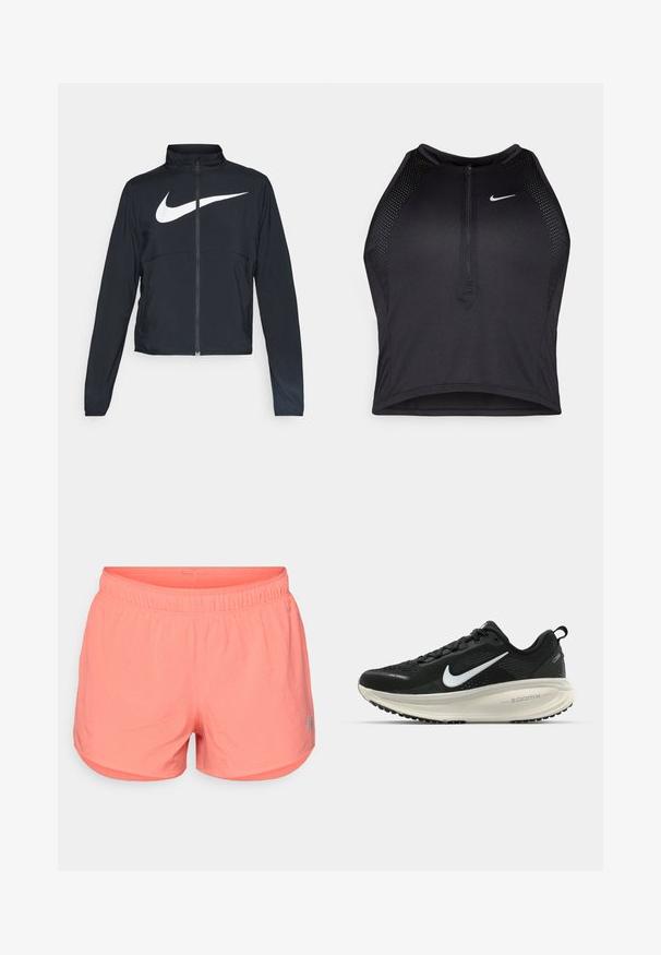 Casaco desportivo preto com fecho éclair completo, gola alta, mangas longas e grande logótipo branco da Nike na parte frontal.; Top cropped atlético preto com fecho à frente, acentos em malha e um design ajustado. Feito de tecido elástico e respirável. Logótipo da Nike na frente.; Calções atléticos de coral brilhante com cintura elástica, feitos de um tecido respirável com pequenas perfurações para ventilação.; Sapatilha de corrida Nike preta com parte superior de malha respirável, logotipo Swoosh branco, detalhes texturizados e uma entressola ZoomX na cor creme.