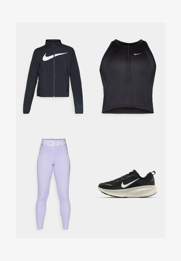 Zwarte sportjas met volledige rits, hoge kraag, lange mouwen en groot wit Nike swoosh-logo op de borst.; Zwarte atletische crop top met een rits aan de voorkant, mesh accenten en een aansluitend ontwerp. Gemaakt van rekbare, ademende stof. Nike-logo aan de voorkant.; Lichtpaarse leggings met een brede witte "NIKE PRO" tailleband en een subtiele logo op het onderbeen, vervaardigd uit soepel, rekbaar materiaal.; Zwarte Nike hardloopschoen met ademend mesh bovenwerk, witte swoosh-logo, gestructureerde details en een crèmekleurige ZoomX middenzool.