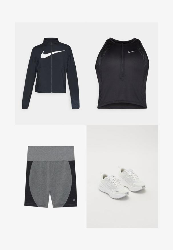 Czarna bluza sportowa na zamek błyskawiczny z wysokim kołnierzem, długimi rękawami i dużym białym logo Nike na klatce piersiowej.; Czarny sportowy crop top z zamkiem z przodu, z siateczkowymi akcentami i dopasowanym krojem. Wykonany z elastycznego, oddychającego materiału. Logo Nike z przodu.; Szare sportowe szorty z szerokim elastycznym paskiem w talii. Posiadają teksturowaną czarną boczną wstawkę oraz logo w prawym dolnym rogu. Gładki materiał.; Białe buty sportowe z teksturowaną siateczką u góry, amortyzowana podeszwa i subtelne szare akcenty. Zawierają logo i pętlę z tyłu dla łatwego zakładania.