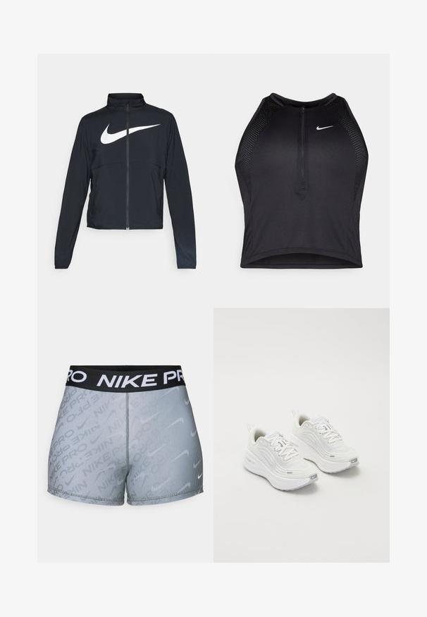Casaco desportivo preto com fecho éclair completo, gola alta, mangas longas e grande logótipo branco da Nike na parte frontal.; Top cropped atlético preto com fecho à frente, acentos em malha e um design ajustado. Feito de tecido elástico e respirável. Logótipo da Nike na frente.; Calções Nike Pro com uma cintura elástica preta com o texto branco "NIKE PRO", padrão riscado cinza e um design ajustado.; Tênis atléticos brancos com um cabedal de malha texturizada, sola acolchoada e discretos detalhes em cinza. Inclui logótipo e aba de calcanhar em laço para facilitar o calçar.
