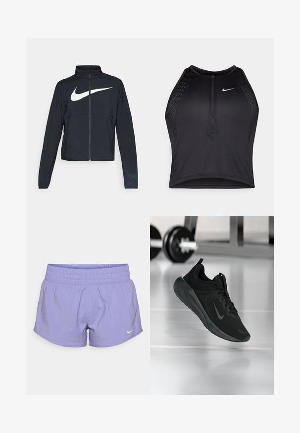 Black full-zip sports jacket with high collar, long sleeves, and large white Nike swoosh logo across the chest.; Black athletic crop top with a zip-front, mesh accents, and a fitted design. Made from stretchy, breathable fabric. Nike logo on front.; Purple athletic shorts with an elastic waistband, made from lightweight fabric, featuring a small white Nike logo on the lower front.; Black sports sneaker with Nike logo, shown mid-air on gym floor, with blurred dumbbell rack in background.