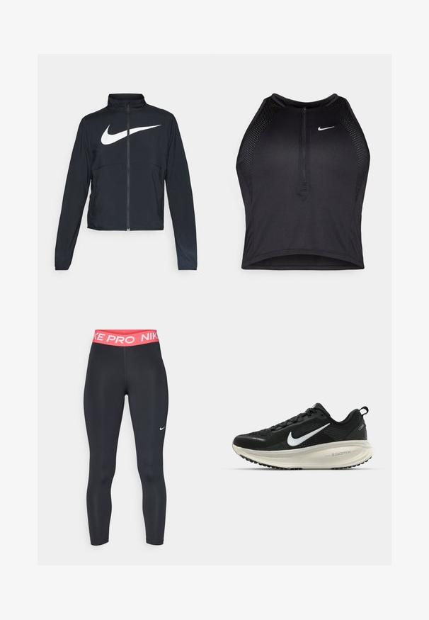Svart sportjacka med hel dragkedja, hög krage, långa ärmar och stor vit Nike swoosh-logotyp över bröstet.; Svart atletisk crop top med dragkedja framtill, nätdetaljer och en figurnära design. Tillverkad av elastiskt, andningsbart material. Nike-logga på framsidan.; Nike Performance CROP - Tights - black/aster pink/white; Svart Nike löparsko med andningsbart mesh-ovandel, vit swoosh-logotyp, texturerad detaljering och en krämfärgad ZoomX-mellansula.