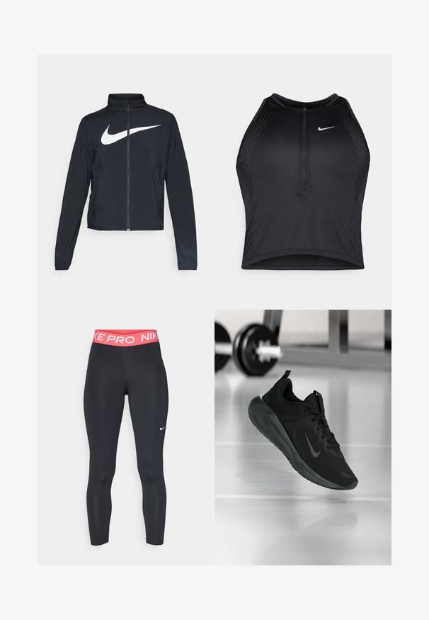 Juodas sportinis džemperis su visiškai užtraukiama užtrauktuku, aukšta apykakle, ilgomis rankovėmis ir dideliu baltu Nike swoosh logotipu per krūtinę.; Juodas sportinis trumpas viršus su užtrauktuku priekyje, tinklinėmis detalėmis ir prigludusia forma. Pagamintas iš tamprios, kvėpuojančios medžiagos. Nike logotipas priekyje.; Nike Performance CROP - Tamprės - black/aster pink/white; Juodas sportinis sportbačiai su Nike logotipu, pavaizduoti ore virš sporto salės grindų, fone išblurinta hantelių laikiklis.