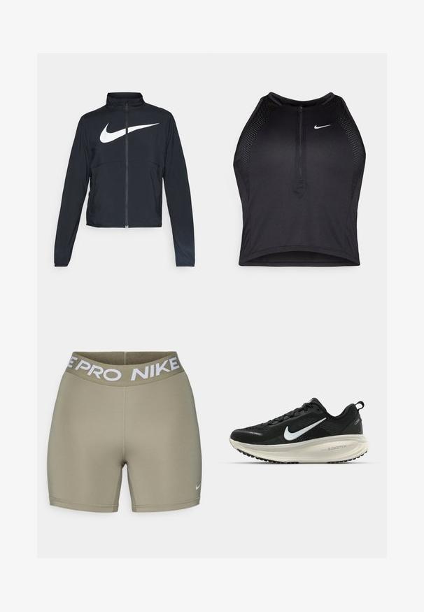 Jachetă sport neagră cu fermoar pe toată lungimea, guler înalt, mâneci lungi și un logo mare alb Nike swoosh pe piept.; Top sportiv black, cu croială scurtă, cu fermoar în față, accente din plasă și un design ajustat. Fabricat dintr-un material elastic și respirabil. Logo-ul Nike pe față.; Șorturi atletice de culoare verde măslin cu un brâu elastic alb grozav, cu inscripția "NIKE PRO". Fabrică netedă și elastică cu detalii de cusătură.; Pantofii de alergare negri de la Nike, cu parte superioară din plasă respirabilă, logo-ul alb Swoosh, detalii texturate și o talpă intermediară ZoomX de culoare crem.
