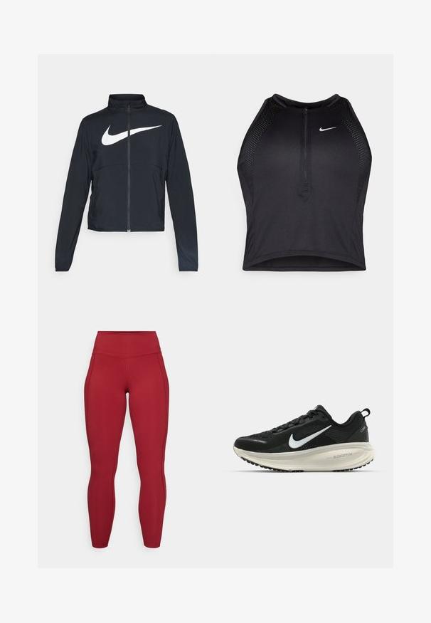 Svart joggebund med hel glidelås, høy krage, lange ermer og stort hvitt Nike swoosh-logo over brystet.; Svart idretts crop top med glidelås foran, mesh-detaljer og en figurvennlig design. Laget av elastisk, pustende materiale. Nike-logo på forsiden.; Røde leggings med høy midje, laget av glatt materiale. Funksjoner inkluderer sidesømmer og en tettsittende design. Ingen bemerkelsesverdige mønstre eller detaljer.; Svart Nike løpesko med pustende mesh-overdel, hvit swoosh-logo, teksturert detaljer og en kremfarget ZoomX mellomsåle.