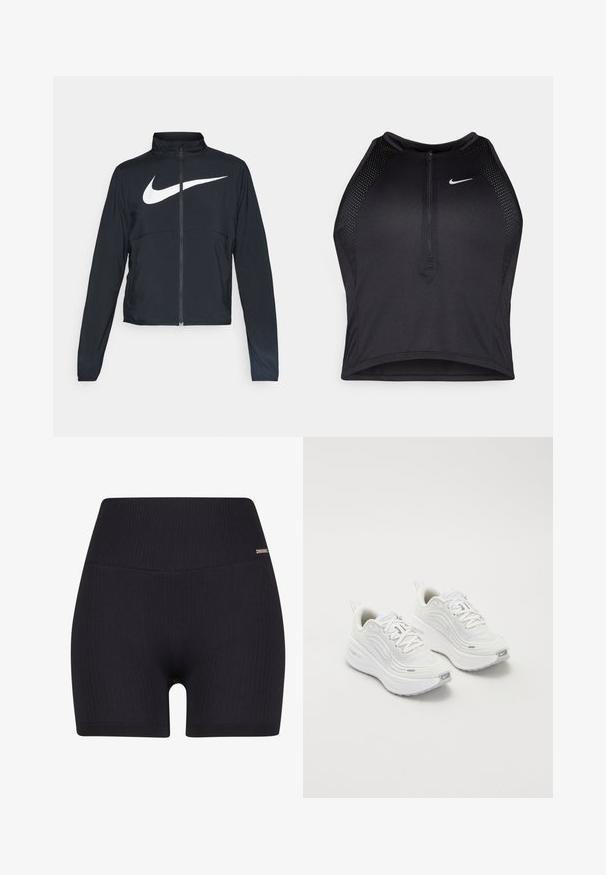 Juodas sportinis džemperis su visiškai užtraukiama užtrauktuku, aukšta apykakle, ilgomis rankovėmis ir dideliu baltu Nike swoosh logotipu per krūtinę.; Juodas sportinis trumpas viršus su užtrauktuku priekyje, tinklinėmis detalėmis ir prigludusia forma. Pagamintas iš tamprios, kvėpuojančios medžiagos. Nike logotipas priekyje.; Juodi šonimai su raukiniais, turintys aukštą liemenį ir lygią tekstūrą. Dizainą papildo subtilus prekės ženklo akcentas ant juostos.; Baltieji sportiniai batai su tekstūruota tinklelio viršutine dalimi, paminkštintu padu ir subtiliais pilkais akcentais. Yra prekės ženklas ir kilpa kulne, skirta lengvam užsidėjimui.