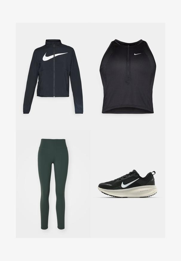 Črna športna jakna z polnim zadrgo, visokim ovratnikom, dolgimi rokavi in velikim belim logotipom Nike swoosh čez prsi.; Črn atletski kratki top z zadrgo spredaj, mrežastimi dodatki in prilegajočim dizajnom. Narejen iz raztegljivega, zračnega materiala. Logotip Nike spredaj.; Nike Performance ONE - Pajkice - vintage green; Črne Nike tekaške čevlje z zračno mrežno zgornjim delom, belim logotipom Swoosh, teksturiranimi detajli in smetanasto barvnim srednjim delom ZoomX.