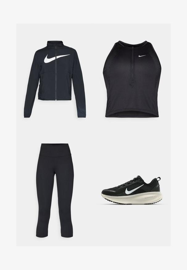 Black full-zip sports jacket with high collar, long sleeves, and large white Nike swoosh logo across the chest.; Black athletic crop top with a zip-front, mesh accents, and a fitted design. Made from stretchy, breathable fabric. Nike logo on front.; Black cropped leggings made of stretchy fabric, featuring a high waistband and smooth texture, with no visible patterns or hardware.; Black Nike running shoe with breathable mesh upper, white swoosh logo, textured detailing, and a cream-colored ZoomX midsole.