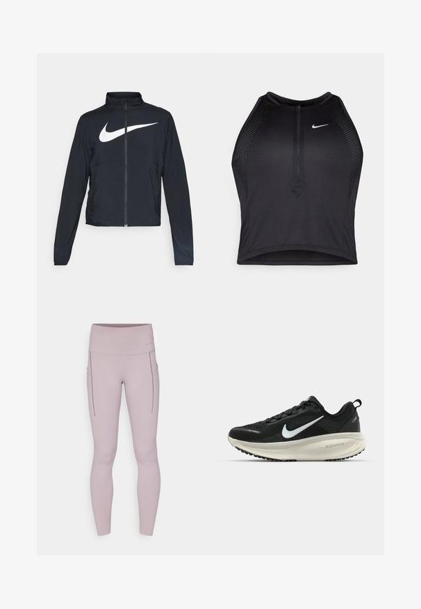 Černá sportovní bunda na zip s vysokým límcem, dlouhými rukávy a velkým bílým logem Nike swoosh přes prsa.; Černý sportovní crop top se zipem vpředu, síťovými detaily a přiléhavým střihem. Vyrobený z elastického, prodyšného materiálu. Logo Nike na přední straně.; Legíny v světlé mauve barvě, vyrobené z elastického materiálu, s vysokým pasem a bočními kapsami se švy.; Černá běžecká obuv Nike s prodyšným síťovaným svrškem, bílým logem swoosh, texturovanými detaily a krémovou mezipodešví ZoomX.