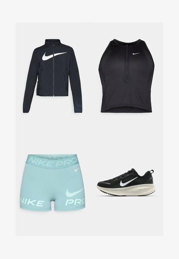 Svart joggebund med hel glidelås, høy krage, lange ermer og stort hvitt Nike swoosh-logo over brystet.; Svart idretts crop top med glidelås foran, mesh-detaljer og en figurvennlig design. Laget av elastisk, pustende materiale. Nike-logo på forsiden.; Lyseblå dame shorts laget av elastisk stoff, med en bred midjebånd som har "NIKE PRO"-tekst og logo i hvitt.; Svart Nike løpesko med pustende mesh-overdel, hvit swoosh-logo, teksturert detaljer og en kremfarget ZoomX mellomsåle.