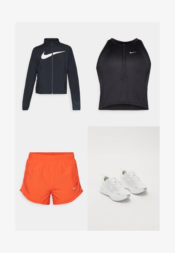 Must musta täispikk vary hoodie kõrge krae, pikad varrukad ja suur valge Nike swooshi logo rinnal.; Must negra spordiline crop top, millel on lukk ees, võrgukangast detailid ja vormiv disain. Valmistatud venivast ja hingavast kangast. Nike logo ees.; Oranžid spordilühikesed püksid, mis on valmistatud kergetest materjalidest, elastse vöökoha ja väikse peegeldava Nike logo juurde vasakul alakulgel.; Valged spordijalatsid, millel on tekstureeritud võrkkangas üst, pehme tallaga ja peened hallid aktsendid. Kaasas bränding ja aasaga kannaaken mugavaks selga panemiseks.
