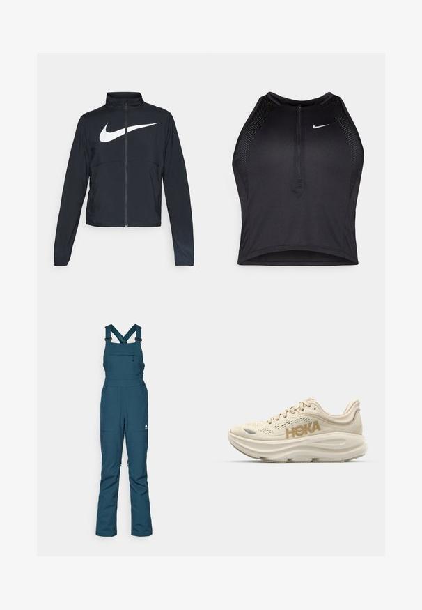Zwarte sportjas met volledige rits, hoge kraag, lange mouwen en groot wit Nike swoosh-logo op de borst.; Zwarte atletische crop top met een rits aan de voorkant, mesh accenten en een aansluitend ontwerp. Gemaakt van rekbare, ademende stof. Nike-logo aan de voorkant.; Teal sneeuw bib overall met verstelbare schouderbanden, een ritszak op de borst en twee zijzakken, gemaakt van duurzaam weerbestendig materiaal.; Licht beige hardloopschoen met een bovenwerk van mesh, een gevoerde kraag, een prominent "HOKA" logo in goud en een dikke, gevoerde zool voor comfort.