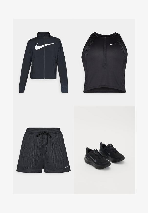 Black full-zip sports jacket with high collar, long sleeves, and large white Nike swoosh logo across the chest.; Black athletic crop top with a zip-front, mesh accents, and a fitted design. Made from stretchy, breathable fabric. Nike logo on front.; Black mesh shorts with an elastic waistband, drawstring detail, and a small white Nike logo on the bottom hem.; Black athletic shoes with a textured upper, lace-up design, and a thick, cushioned sole. Features a grey Nike logo on each side.