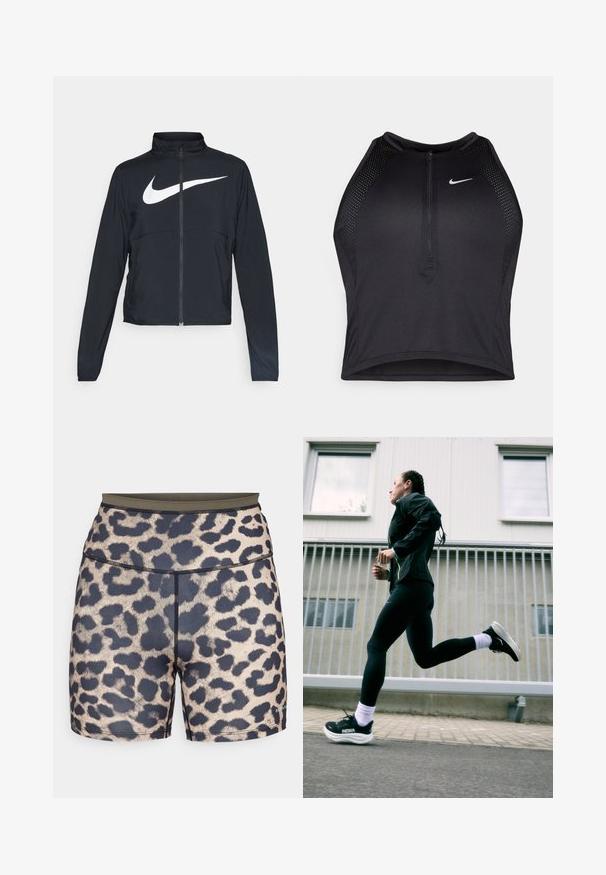 Giacca sportiva nera con zip completa, colletto alto, maniche lunghe e grande logo swoosh bianco Nike sul petto.; Top corto atletico nero con zip frontale, dettagli in rete e un design aderente. Realizzato in tessuto elasticizzato e traspirante. Logo Nike sul davanti.; Pantaloni corti con stampa leopardata e vita scura, realizzati in materiale sintetico liscio. Presentano motivi neri e beige, cuciture a punto e un dettaglio del logo.; Giacca sportiva nera con dettagli neon, leggings neri e scarpe da running nere con suole bianche, su uno sfondo grigio chiaro.