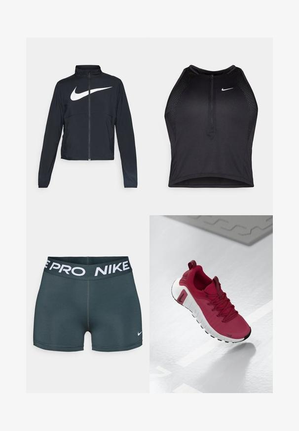 Jachetă sport neagră cu fermoar pe toată lungimea, guler înalt, mâneci lungi și un logo mare alb Nike swoosh pe piept.; Top sportiv black, cu croială scurtă, cu fermoar în față, accente din plasă și un design ajustat. Fabricat dintr-un material elastic și respirabil. Logo-ul Nike pe față.; Shorts atletici Nike Pro de culoare gri închis, cu talie elastică lată, inscripționată cu "NIKE PRO" în litere albe și un mic logo Nike swoosh alb.; Pantof sport roșu, cu un uppers texturat, șireturi și o talpă groasă albă. Prezintă un vârf negru contrastant și un logo pe lateral.