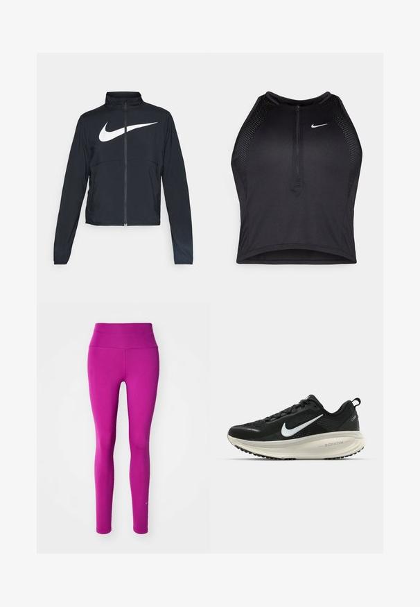 Veste de sport noire zippée sur toute la longueur avec un col haut, des manches longues et un grand logo Nike swoosh blanc sur la poitrine.; Crop top sportif noir avec fermeture éclair à l'avant, accents en mesh et design ajusté. Fabriqué en tissu extensible et respirant. Logo Nike à l'avant.; Leggings de sport ajustés en rose vif, fabriqués à partir d'un tissu lisse et extensible, avec une taille haute et un logo subtil au bas de la jambe.; Baskets de course noir Nike avec tige respirante en mesh, logo swoosh blanc, détails texturés et semelle intermédiaire ZoomX de couleur crème.