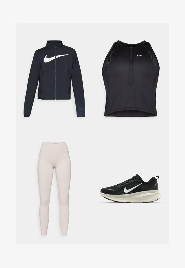 Černá sportovní bunda na zip s vysokým límcem, dlouhými rukávy a velkým bílým logem Nike swoosh přes prsa.; Černý sportovní crop top se zipem vpředu, síťovými detaily a přiléhavým střihem. Vyrobený z elastického, prodyšného materiálu. Logo Nike na přední straně.; Beige legíny s vysokým pasem vyrobené z měkké a pružné tkaniny, s hladkým povrchem a malým bílým logem blízko kotníku.; Černá běžecká obuv Nike s prodyšným síťovaným svrškem, bílým logem swoosh, texturovanými detaily a krémovou mezipodešví ZoomX.