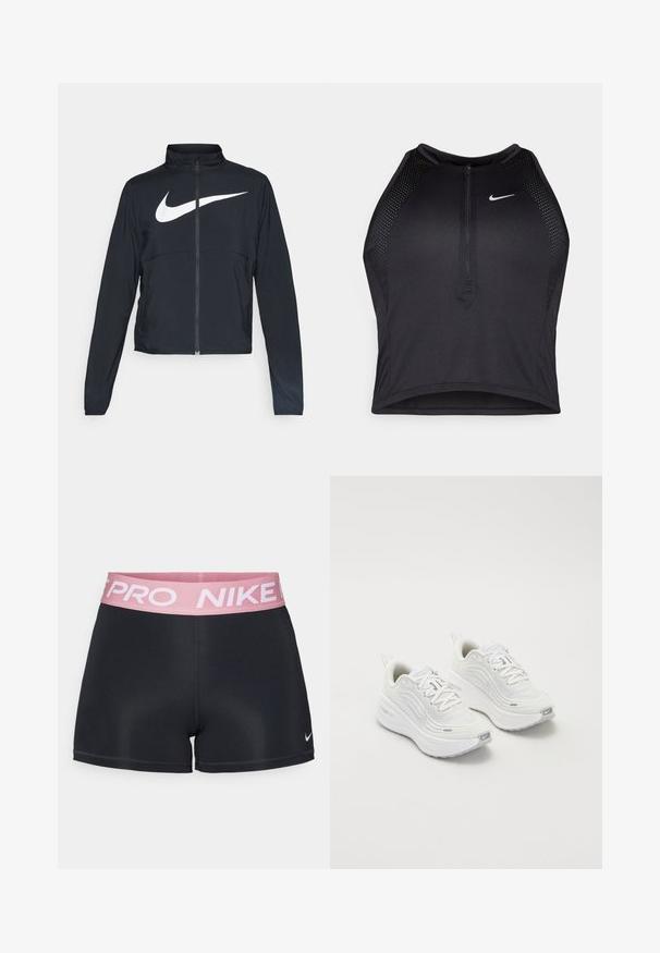 Zwarte sportjas met volledige rits, hoge kraag, lange mouwen en groot wit Nike swoosh-logo op de borst.; Zwarte atletische crop top met een rits aan de voorkant, mesh accenten en een aansluitend ontwerp. Gemaakt van rekbare, ademende stof. Nike-logo aan de voorkant.; Zwarte sportshorts met een roze elastische tailleband met de tekst "NIKE PRO". Gemaakt van glad, rekbaar materiaal met een aansluitend ontwerp.; Witte sportieve schoenen met een gestructureerde mesh bovenkant, een comfortabele zool en subtiele grijze accenten. Inclusief branding en een lus aan de hiel voor eenvoudig aan- en uittrekken.