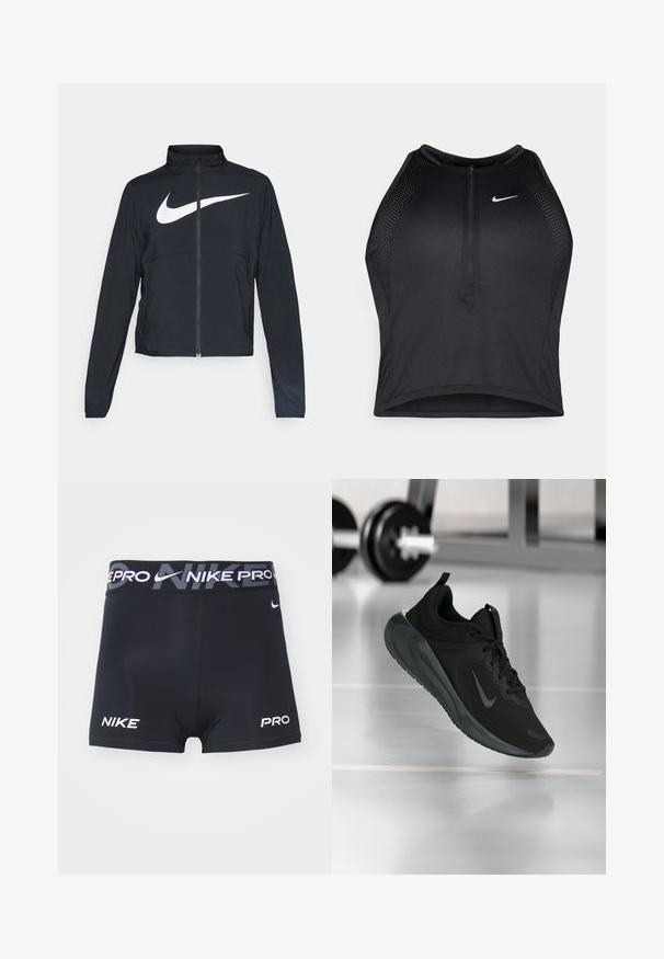 Czarna bluza sportowa na zamek błyskawiczny z wysokim kołnierzem, długimi rękawami i dużym białym logo Nike na klatce piersiowej.; Czarny sportowy crop top z zamkiem z przodu, z siateczkowymi akcentami i dopasowanym krojem. Wykonany z elastycznego, oddychającego materiału. Logo Nike z przodu.; Nike Performance - Rajstopy; Czarny sportowy sneaker z logo Nike, pokazany w powietrzu na podłodze siłowni, z rozmytym regałem z hantlami w tle.