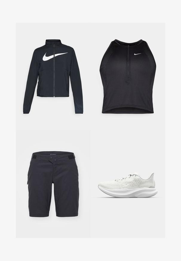 Melnā sporta jaka ar pilnu rāvējslēdzēju, augstu apkakli, garām piedurknēm un lielu baltu Nike swoosh logotipu krūšu daļā.; Melnā sportiskā augšdaļa ar rāvējslēdzēju priekšpusē, acs akcenti un pieguloša dizaina. Izgatavota no elastīga, elpojoša auduma. Nike logo priekšpusē.; Tumši pelēki šorti, kas izgatavoti no viegla auduma. Satur divas pogas jostā, kabatu ar rāvējslēdzēju sānos un gludu tekstūru.; Baltie sporta apavi ar teksturētu virsu, aukliņu dizainu un mīksto zoli ar viļņveida profilu. Maiga zīmola identifikācija sānos.