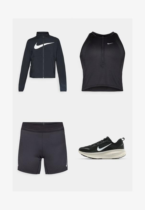 Schwarze Sportjacke mit vollem Reißverschluss, hohem Kragen, langen Ärmeln und großem weißen Nike-Swoosh-Logo auf der Brust.; Schwarzes sportliches Crop-Top mit Reißverschluss vorne, Netz-Akzenten und figurnaher Passform. Hergestellt aus dehnbarem, atmungsaktivem Material. Nike-Logo auf der Vorderseite.; Schwarze Sportshorts aus dehnbarem Stoff mit glatter Textur, ausgestattet mit einem verstärkten Bund und einem weißen Logo an der Seite.; Schwarzer Nike-Laufschuh mit atmungsaktivem Mesh-Obermaterial, weißem Swoosh-Logo, strukturierten Details und einer cremefarbenen ZoomX-Zwischensohle.