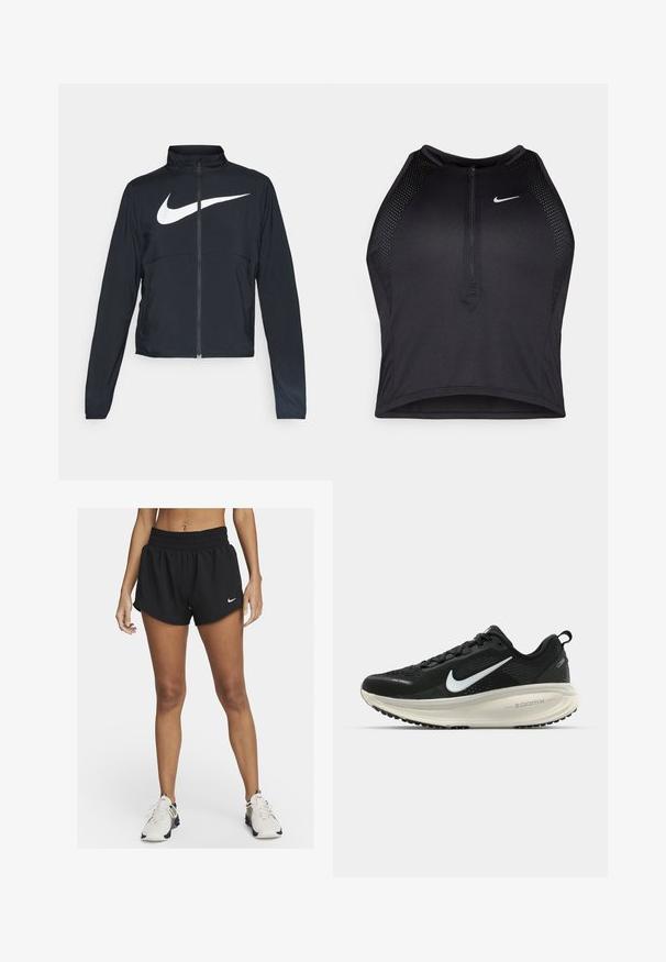 Black full-zip sports jacket with high collar, long sleeves, and large white Nike swoosh logo across the chest.; Black athletic crop top with a zip-front, mesh accents, and a fitted design. Made from stretchy, breathable fabric. Nike logo on front.; Black athletic shorts with a loose fit, elastic waistband, and curved hemline. Features a small white Nike logo on the lower left side.; Black Nike running shoe with breathable mesh upper, white swoosh logo, textured detailing, and a cream-colored ZoomX midsole.