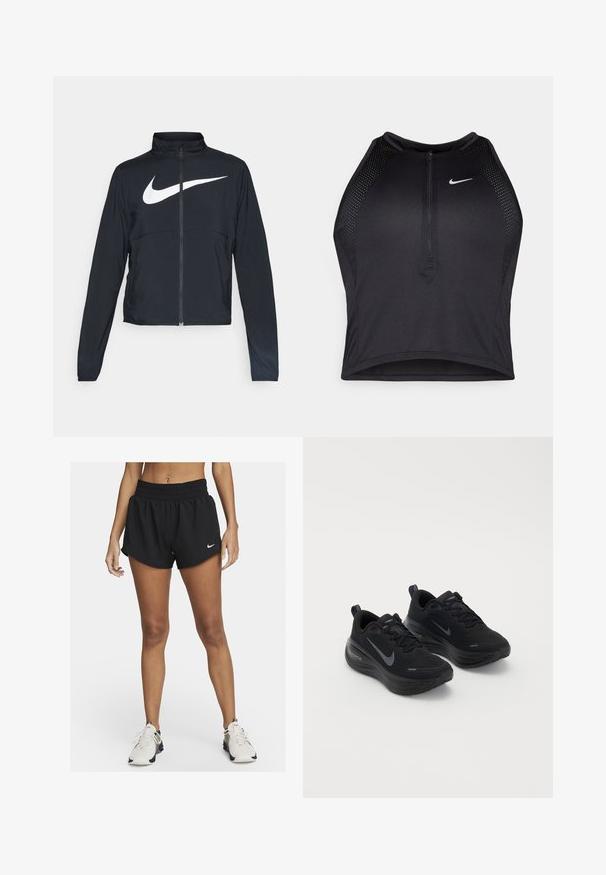 Giacca sportiva nera con zip completa, colletto alto, maniche lunghe e grande logo swoosh bianco Nike sul petto.; Top corto atletico nero con zip frontale, dettagli in rete e un design aderente. Realizzato in tessuto elasticizzato e traspirante. Logo Nike sul davanti.; Pantaloni sportivi neri con una vestibilità ampia, vita elastica e orlo curvo. Presentano un piccolo logo Nike bianco sul lato sinistro in basso.; Scarpe sportive nere con una parte superiore testurizzata, design con lacci e suola spessa e ammortizzata. Presenta il logo Nike grigio su ciascun lato.