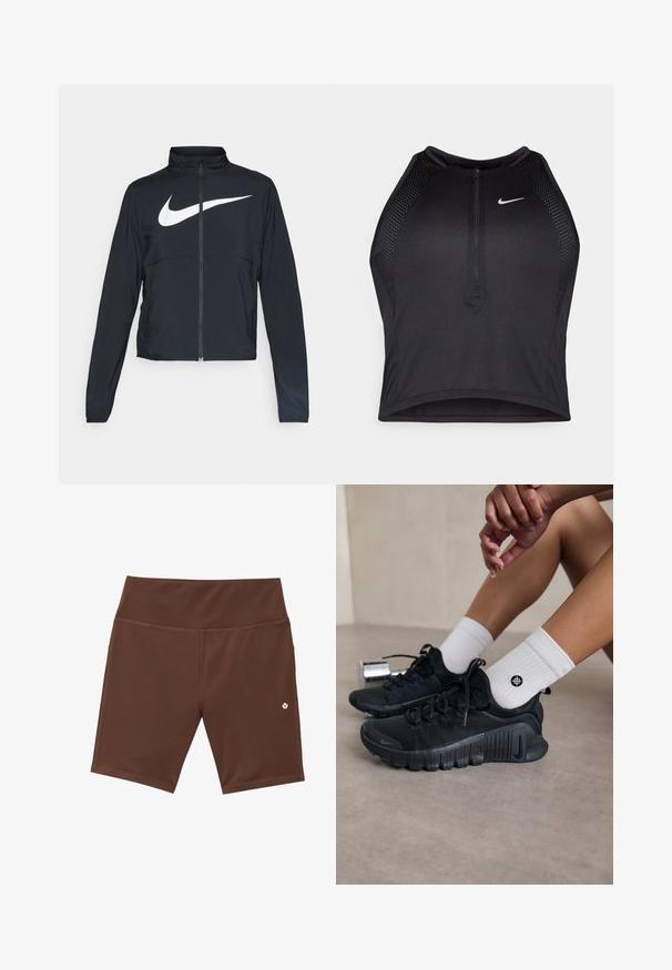 Must musta täispikk vary hoodie kõrge krae, pikad varrukad ja suur valge Nike swooshi logo rinnal.; Must negra spordiline crop top, millel on lukk ees, võrgukangast detailid ja vormiv disain. Valmistatud venivast ja hingavast kangast. Nike logo ees.; Pruunid sportlikud lühikesed püksid kõrge vöökohaga, sujuva disaini ja sileda tekstuuriga, väikese valge logoga alumise esikülje vasakus servas.; Mustad must спортjalatsid tekstuurse kangaga, nöörimise disainiga ja silmapaistva tallaga, koos valgete ribafreeside sokkidega, millel on väike logo.