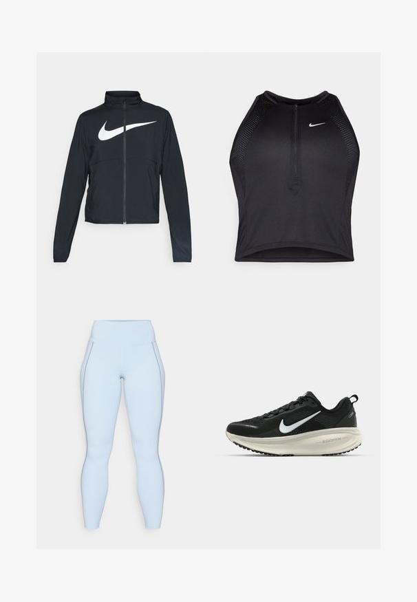 Fekete, teljes cipzáros sportdzseki magas gallérral, hosszú ujjal, amelyen egy nagy, fehér Nike logó található a mellkason.; Fekete sportos crop top, elöl cipzárral, hálós kiegészítőkkel és testhez álló kialakítással. Rugalmas, lélegző anyagból készült. Nike logó elöl.; Világoskék leggings, magas derékkal, sima textúrával és kontrasztos varrással az oldalakon. Teljes hosszúságú kivitel.; Fekete Nike futócipő légáteresztő hálós felsőrésszel, fehér Swoosh logóval, textúrázott részletekkel és krém színű ZoomX középtalppal.