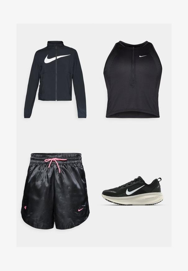 Must musta täispikk vary hoodie kõrge krae, pikad varrukad ja suur valge Nike swooshi logo rinnal.; Must negra spordiline crop top, millel on lukk ees, võrgukangast detailid ja vormiv disain. Valmistatud venivast ja hingavast kangast. Nike logo ees.; Mustad mustad spordishortsid läikiva satiinifinishiga, elastse vöökoha ja roosa paelaga, millel on peen muster. Küljel on roosad logod.; Musthave mustus Nike jooksujalats, millel on hingav võrgust ülemine osa, valge swoosh logo, tekstuuriga detailid ja kreemja värvusega ZoomX vahevöö.