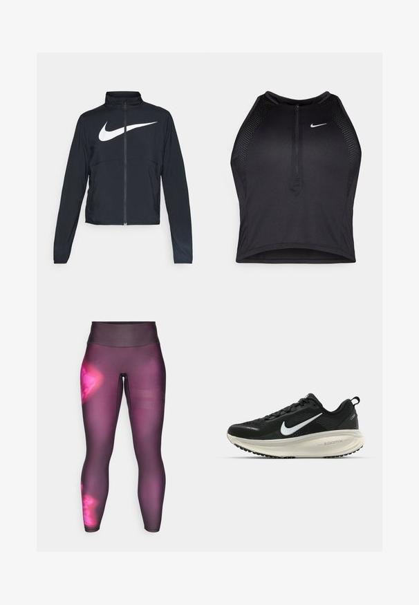 Fekete, teljes cipzáros sportdzseki magas gallérral, hosszú ujjal, amelyen egy nagy, fehér Nike logó található a mellkason.; Fekete sportos crop top, elöl cipzárral, hálós kiegészítőkkel és testhez álló kialakítással. Rugalmas, lélegző anyagból készült. Nike logó elöl.; Lila sportleggings magas derékkal, gradient mintázattal és hálós csíkokkal az alsó lábszáron a szellőzés érdekében.; Fekete Nike futócipő légáteresztő hálós felsőrésszel, fehér Swoosh logóval, textúrázott részletekkel és krém színű ZoomX középtalppal.