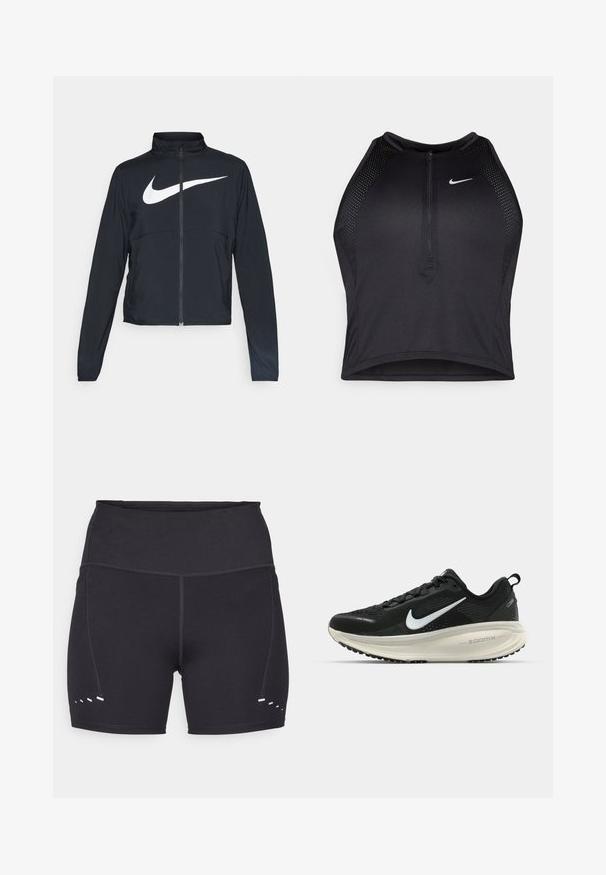 Fekete, teljes cipzáros sportdzseki magas gallérral, hosszú ujjal, amelyen egy nagy, fehér Nike logó található a mellkason.; Fekete sportos crop top, elöl cipzárral, hálós kiegészítőkkel és testhez álló kialakítással. Rugalmas, lélegző anyagból készült. Nike logó elöl.; Fekete sportos rövidnadrág sima textúrával, magas derékkal és kontrasztos fehér díszítéssel az oldalán. Rugalmas, légáteresztő anyagból készült.; Fekete Nike futócipő légáteresztő hálós felsőrésszel, fehér Swoosh logóval, textúrázott részletekkel és krém színű ZoomX középtalppal.