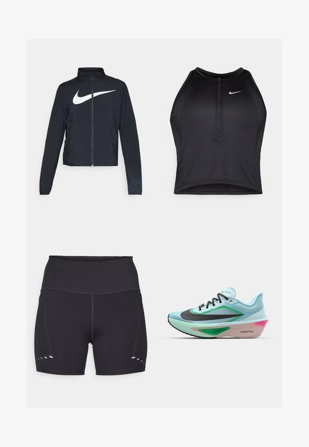 Veste de sport noire zippée sur toute la longueur avec un col haut, des manches longues et un grand logo Nike swoosh blanc sur la poitrine.; Crop top sportif noir avec fermeture éclair à l'avant, accents en mesh et design ajusté. Fabriqué en tissu extensible et respirant. Logo Nike à l'avant.; Shorts de sport noirs avec une texture lisse, une taille haute et des accents blancs contrastants sur les côtés. Fabriqués en matériau extensible et respirant.; Bottines de course bleu clair avec une tige en mesh noir texturé, des accents verts, une semelle intermédiaire teintée de rose et une semelle extérieure en caoutchouc. Comprend des lacets et des éléments de marque.