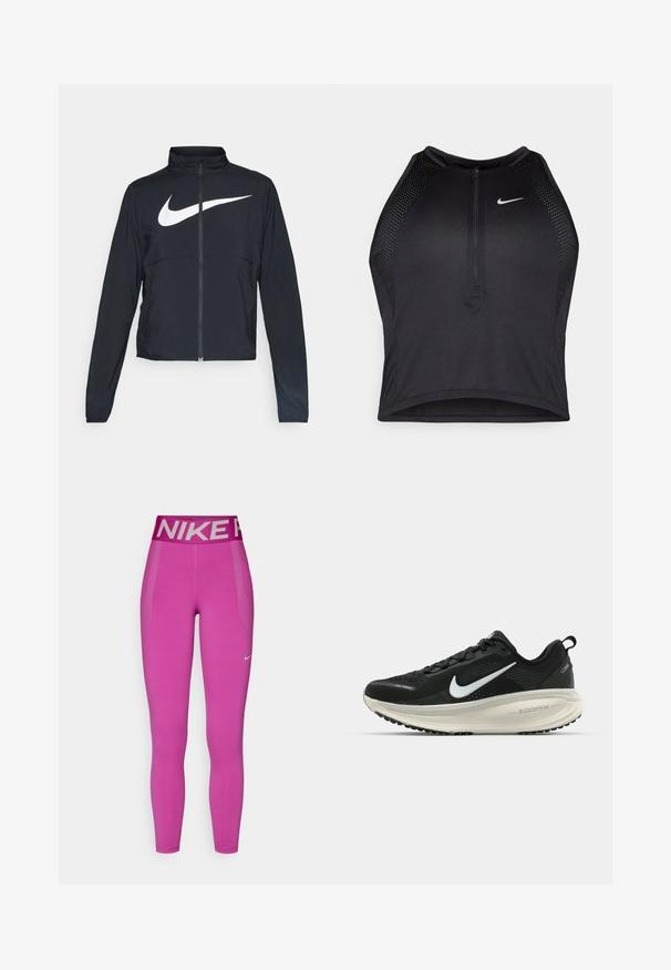 Fekete, teljes cipzáros sportdzseki magas gallérral, hosszú ujjal, amelyen egy nagy, fehér Nike logó található a mellkason.; Fekete sportos crop top, elöl cipzárral, hálós kiegészítőkkel és testhez álló kialakítással. Rugalmas, lélegző anyagból készült. Nike logó elöl.; Rózsaszín Nike leggings széles szürke derékpánttal, amelyen a márkaneve szerepel. Sima textúra, teljes hosszúság és oldalsó hálós részletek a légáteresztés érdekében.; Fekete Nike futócipő légáteresztő hálós felsőrésszel, fehér Swoosh logóval, textúrázott részletekkel és krém színű ZoomX középtalppal.