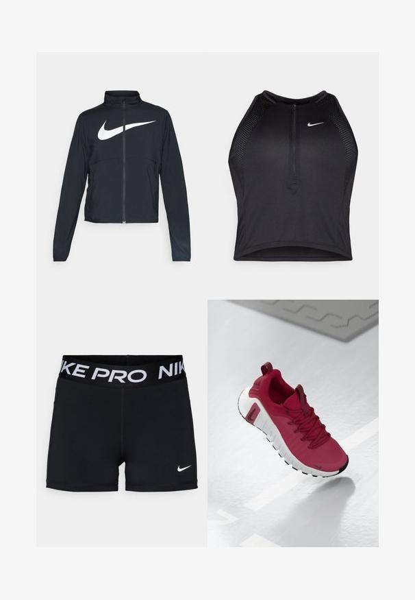 Juodas sportinis džemperis su visiškai užtraukiama užtrauktuku, aukšta apykakle, ilgomis rankovėmis ir dideliu baltu Nike swoosh logotipu per krūtinę.; Juodas sportinis trumpas viršus su užtrauktuku priekyje, tinklinėmis detalėmis ir prigludusia forma. Pagamintas iš tamprios, kvėpuojančios medžiagos. Nike logotipas priekyje.; Juodi sportiniai šortai su plačiu juosmeniu, ant kurio matyti balti "NIKE PRO" užrašai, lygaus paviršiaus, ir mažas baltas Nike logotipas šone.; Raudoni sportiniai bateliai su tekstūruotu viršumi, raišteliais ir storesne balta padanga. Yra kontrastingas juodas pirštų dangtelis ir logotipas šonuose.
