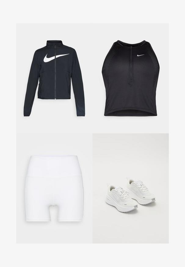 Black full-zip sports jacket with high collar, long sleeves, and large white Nike swoosh logo across the chest.; Black athletic crop top with a zip-front, mesh accents, and a fitted design. Made from stretchy, breathable fabric. Nike logo on front.; White high-waisted shorts made from stretch fabric. Features a smooth texture and fitted design, with no additional patterns or hardware.; White athletic shoes with a textured mesh upper, cushioned sole, and subtle grey accents. Includes branding and looped heel tab for easy wear.