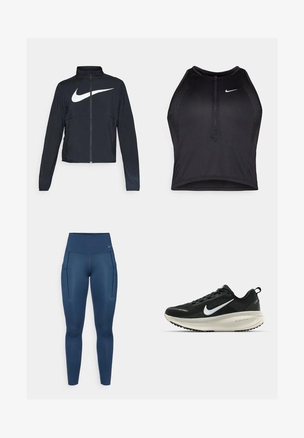 Giacca sportiva nera con zip completa, colletto alto, maniche lunghe e grande logo swoosh bianco Nike sul petto.; Top corto atletico nero con zip frontale, dettagli in rete e un design aderente. Realizzato in tessuto elasticizzato e traspirante. Logo Nike sul davanti.; Leggings athletic color blu navy con un alto punto vita, dotati di due tasche laterali e un tessuto liscio ed elastico per comfort e libertà di movimento.; Scarpa da corsa nera Nike con tomaia in rete traspirante, logo Swoosh bianco, dettagli testurizzati e intersuola ZoomX di colore crema.